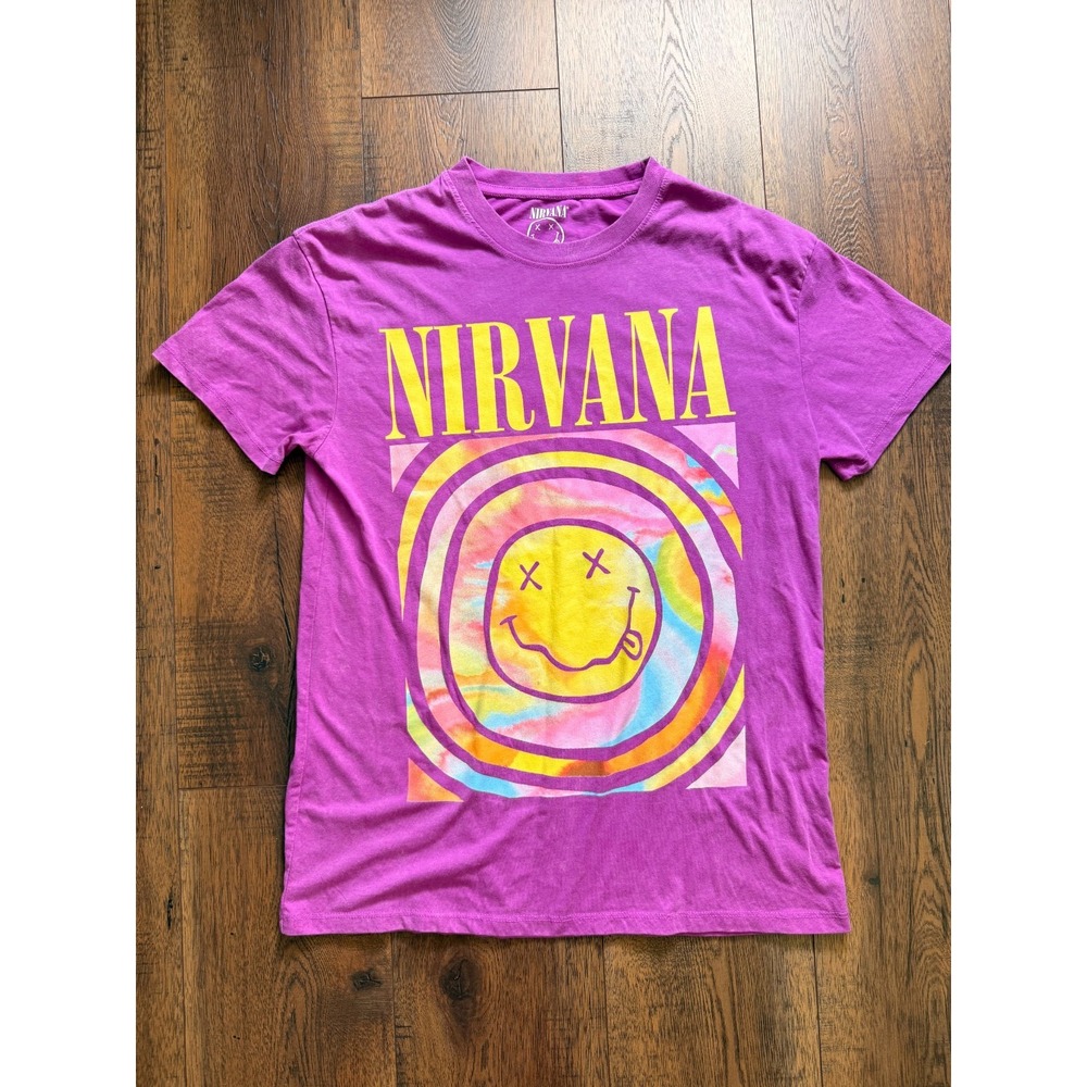 Nirvana Women's XXS Purple Tie Dye Smiley Face Graphic Band T-Shirt - Picture 1 of 5